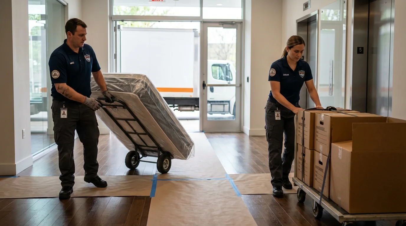 Professional apartment movers loading elevator in Laporte, CO